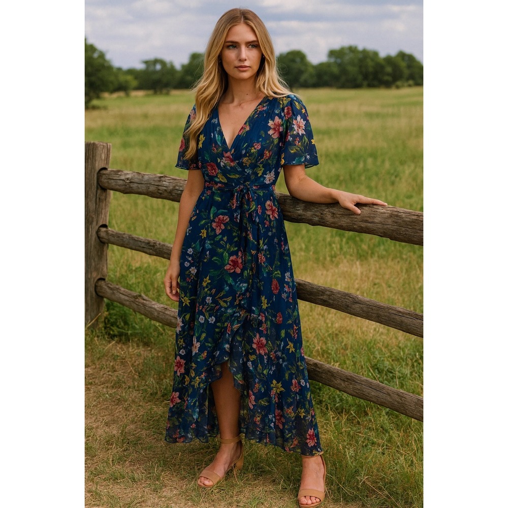 Eliza J Maxi Dress Womens 8 Navy Blue Floral Slit Sleeve Ruffle Flowy Belted
